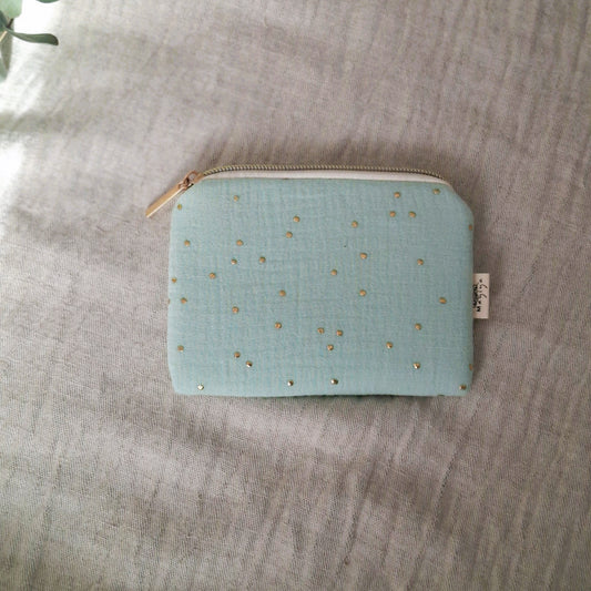 Monedero Verde Menta con Topos Dorados de algodón con cremallera y forro impermeable