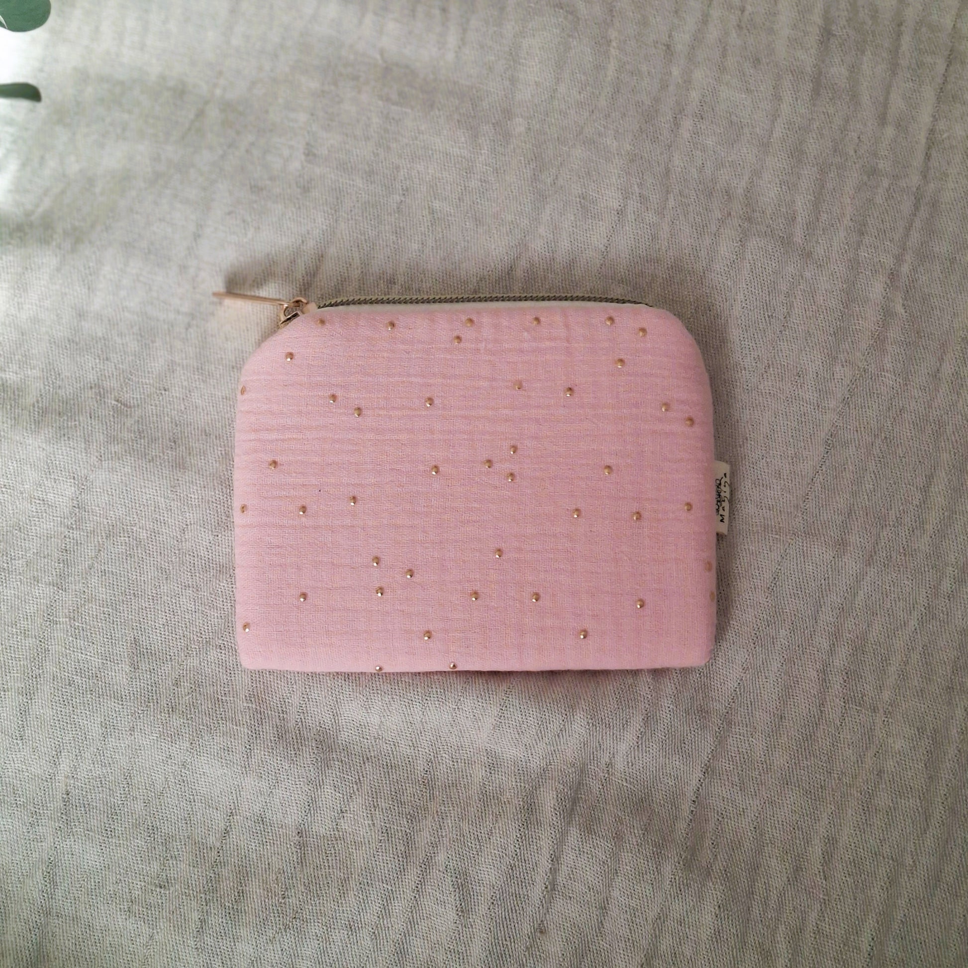 Mini Rosa con Topos Dorados de algodón con cremallera y forro impermeable