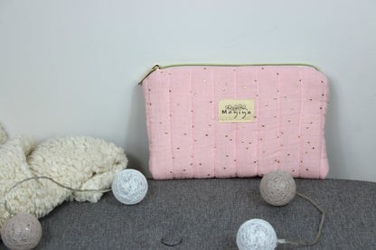 Bolsa de Aseo Rosa con Topos Dorados