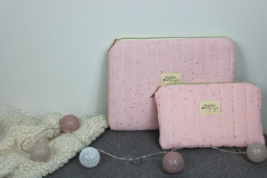 Bolsa de Aseo Rosa con Topos Dorados