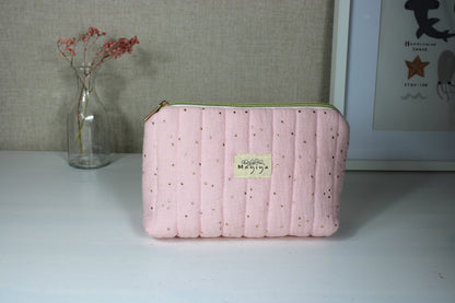 Neceser Tela Rosa Clarito con Topos Dorados