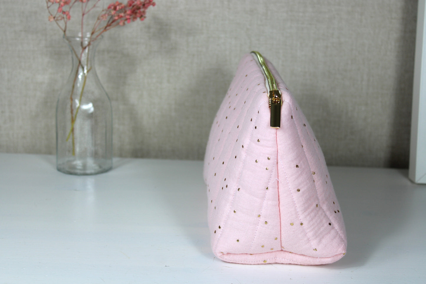 Neceser Tela Rosa Clarito con Topos Dorados
