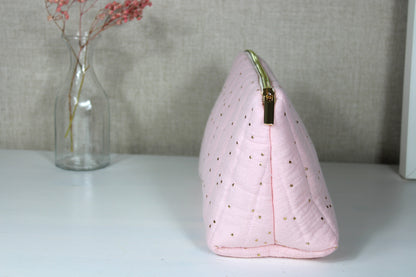 Neceser Tela Rosa Clarito con Topos Dorados