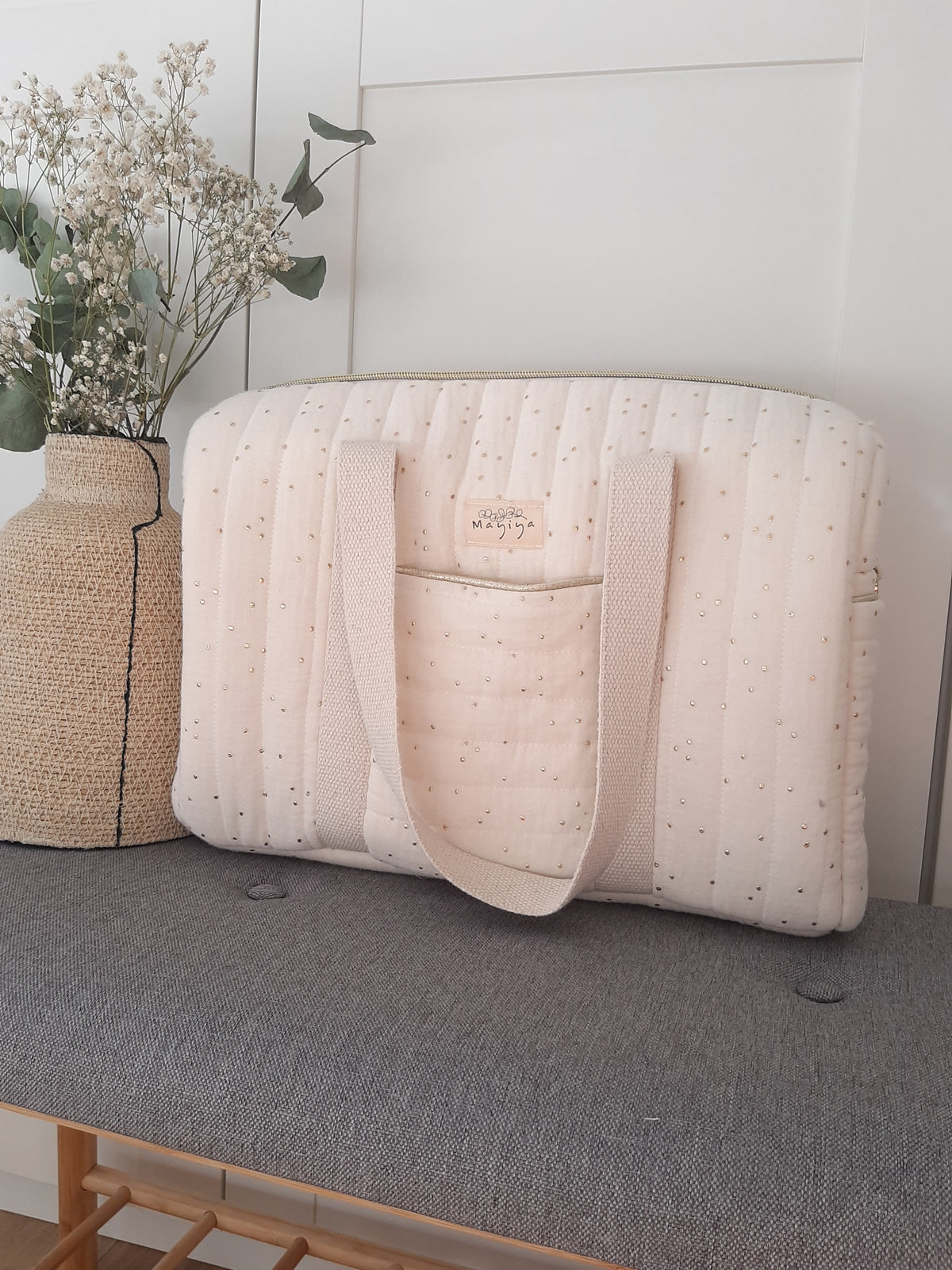 Bolsa de Maternidad Crudo Topos Dorados