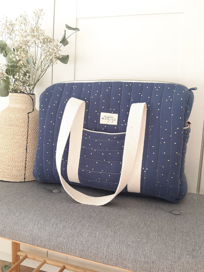 Bolsa de Maternidad Azul Índigo con Topos Dorados