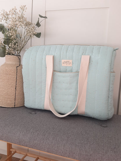 Bolsa de Maternidad Verde Menta con Topos Dorados