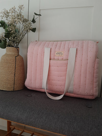 Bolsa de Maternidad Rosa con Topos Dorados