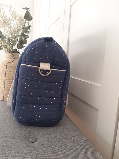 Bolsa de Maternidad Azul Índigo con Topos Dorados