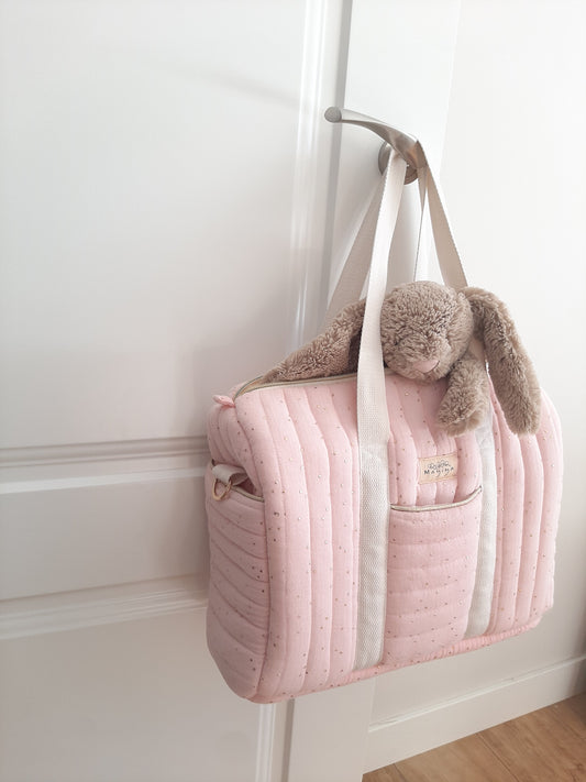 Bolsa de Maternidad Rosa con Topos Dorados