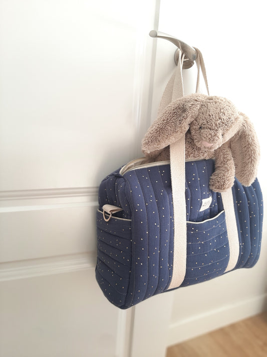 Bolsa de Maternidad Azul Índigo con Topos Dorados