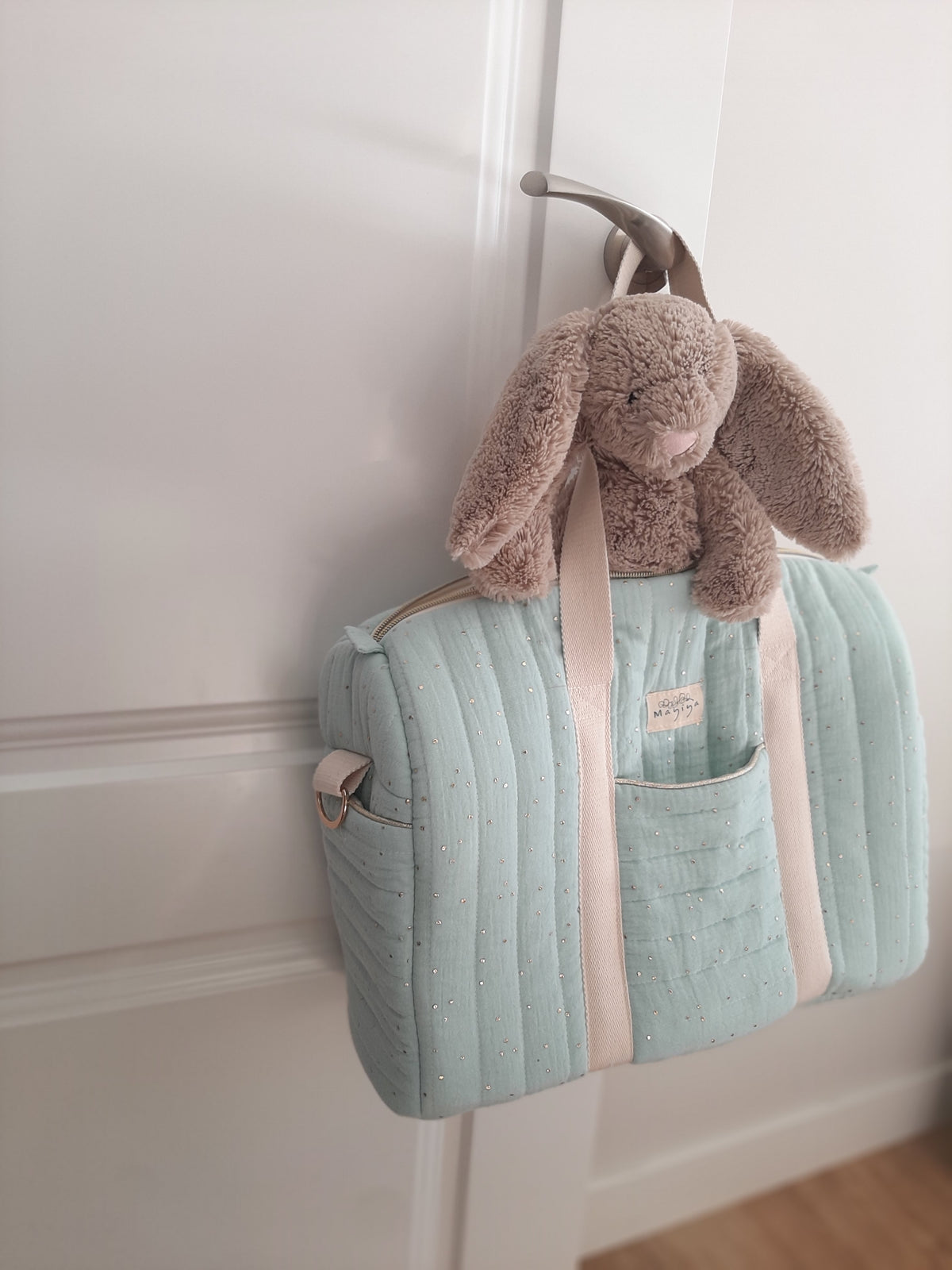 Bolsa de Maternidad Verde Menta con Topos Dorados