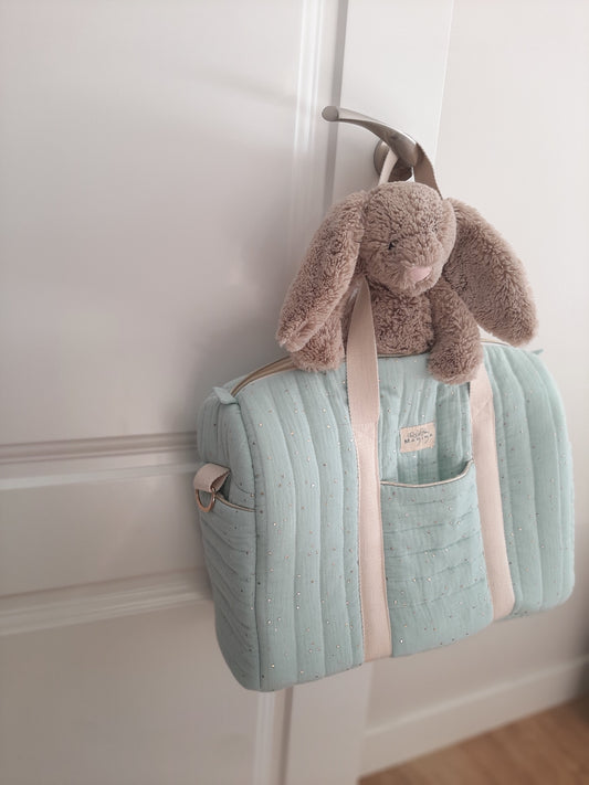 Bolsa de Maternidad Verde Menta con Topos Dorados