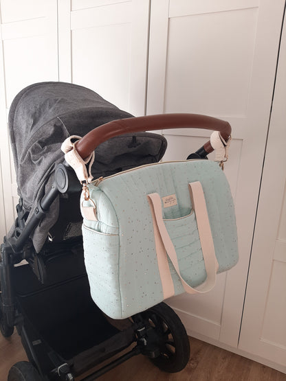 Bolsa de Maternidad Verde Menta con Topos Dorados