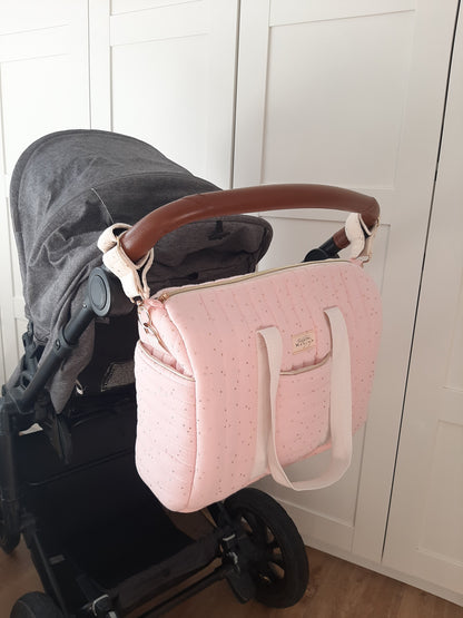 Bolsa de Maternidad Rosa con Topos Dorados