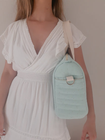 Bolsa de Maternidad Verde Menta con Topos Dorados