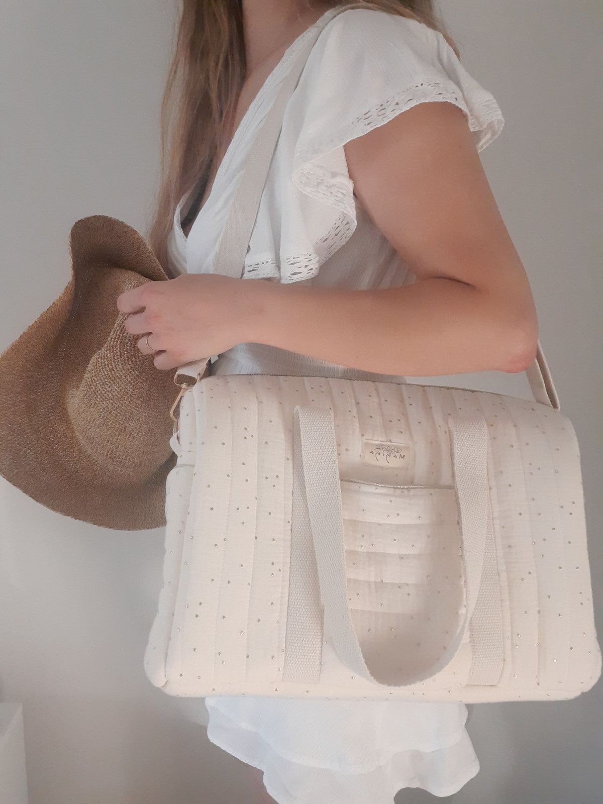 Bolsa de Maternidad Crudo Topos Dorados
