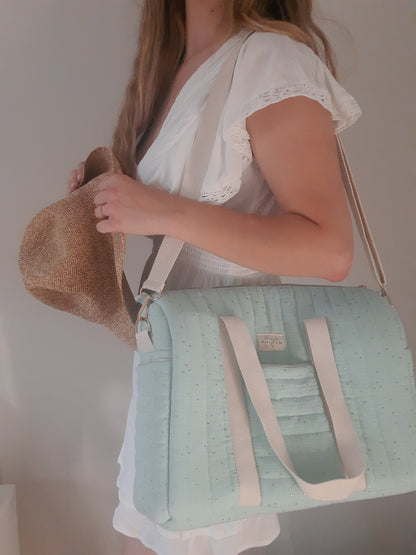 Bolsa de Maternidad Verde Menta con Topos Dorados