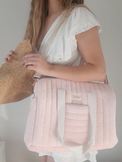 Bolsa de Maternidad Rosa con Topos Dorados
