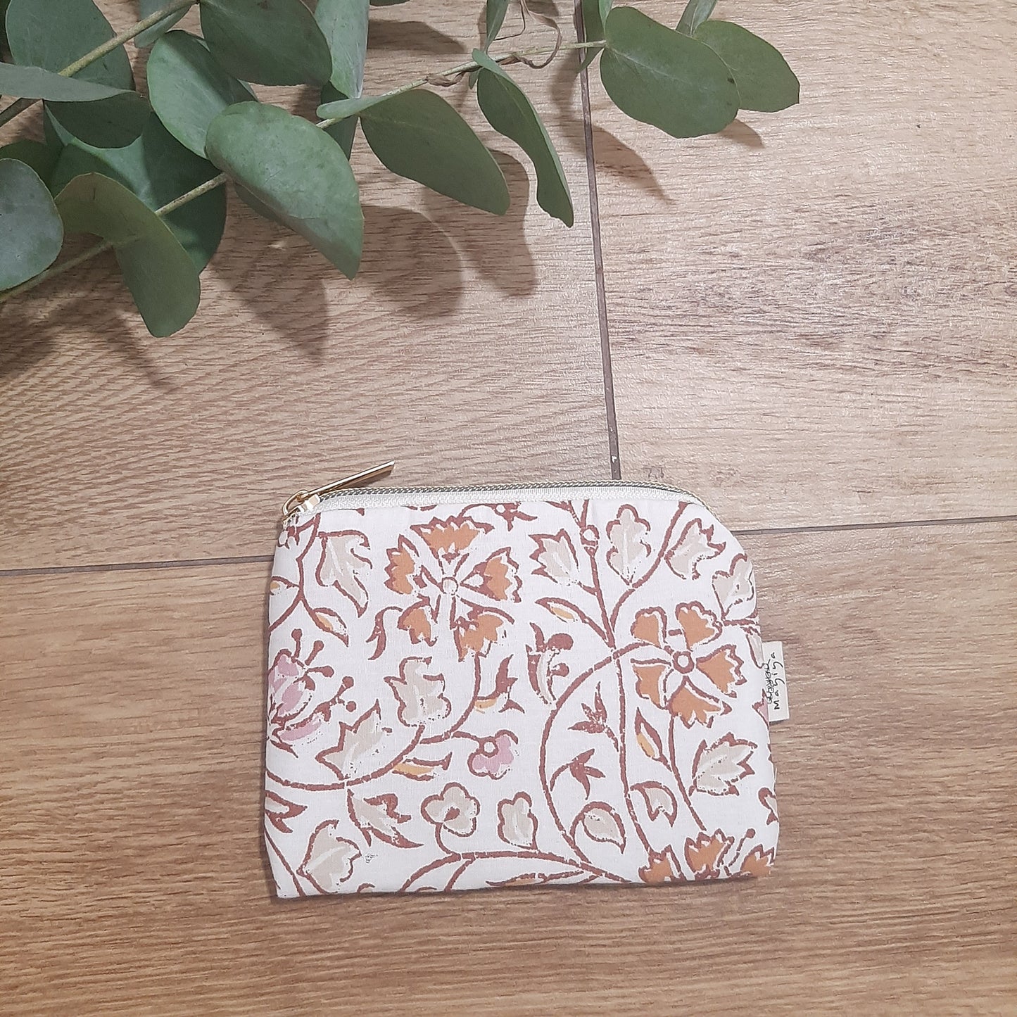 Monedero Floral terracota de algodón con cremallera y forro impermeable